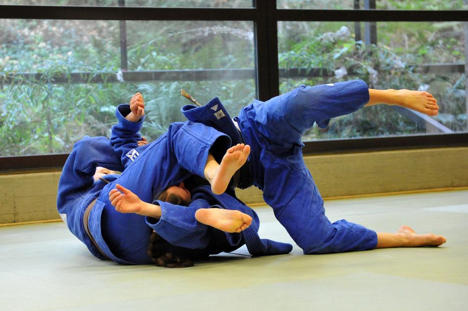 Zwei Judoka in blauer Judokleidung üben einen Bodenkampf auf einer tatami in einem lichtdurchfluteten Raum.
